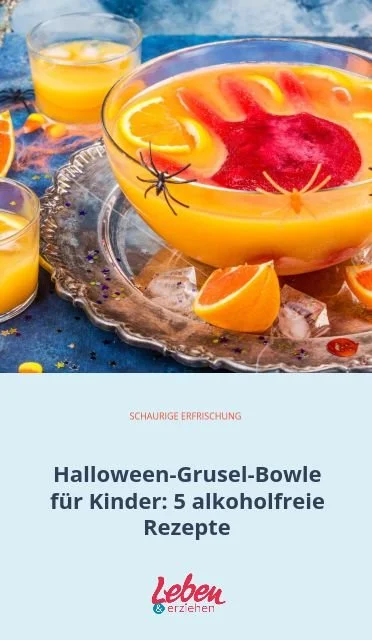 Alkoholfreie Halloween-Grusel-Bowle für Kinder in bunten Gläsern dekoriert.