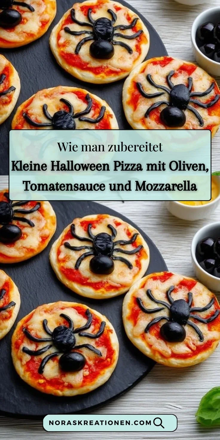 Halloween Pizza mit Oliven und Mozzarella, idealer Party-Snack für Halloween.