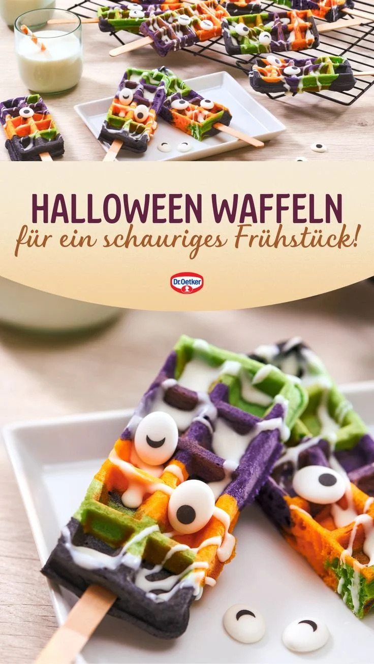 Halloween Waffeln für ein festliches Frühstück mit gruseligen Dekorationen