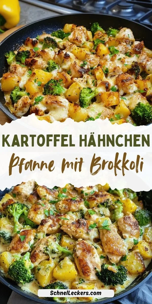 Gesunde Kartoffel-Hähnchen-Pfanne mit Brokkoli auf einem Teller serviert