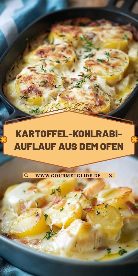 Leckerer Kartoffel-Kohlrabi-Auflauf frisch aus dem Ofen serviert.