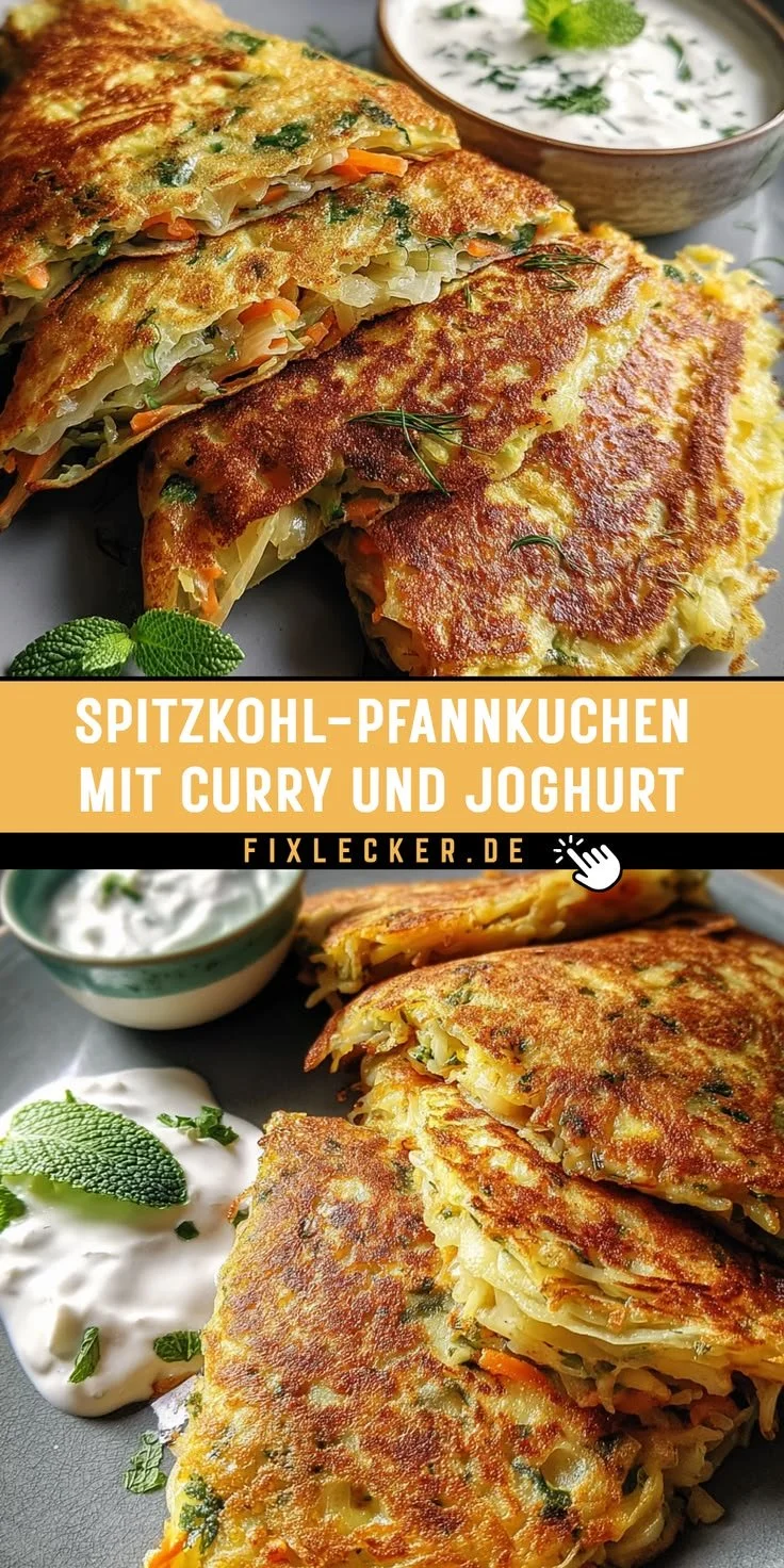 Krossige Spitzkohl-Pfannkuchen mit Curry und Joghurt auf einem Teller