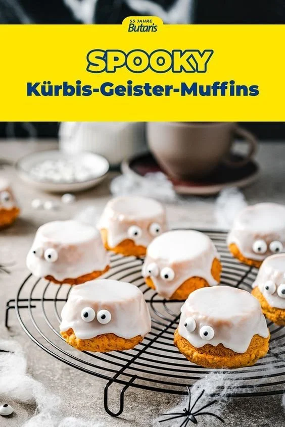 Leckere Kürbis-Geister-Muffins mit Butaris Butterschmalz für ein gruseliges Fest.