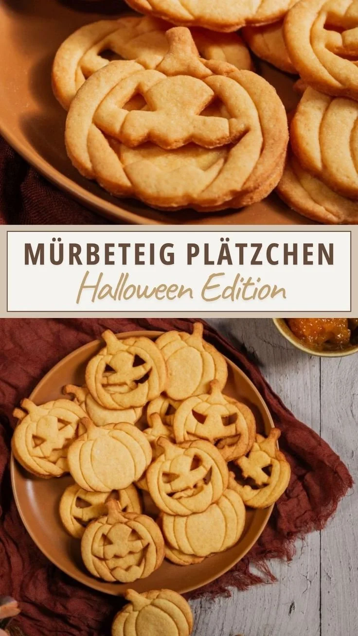 Kürbis Plätzchen mit fruchtiger Marmelade auf einem Teller angerichtet.