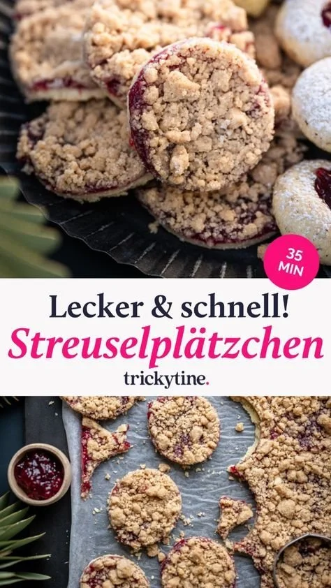 Leckere Streuselplätzchen mit Marmeladenfüllung auf einem Teller