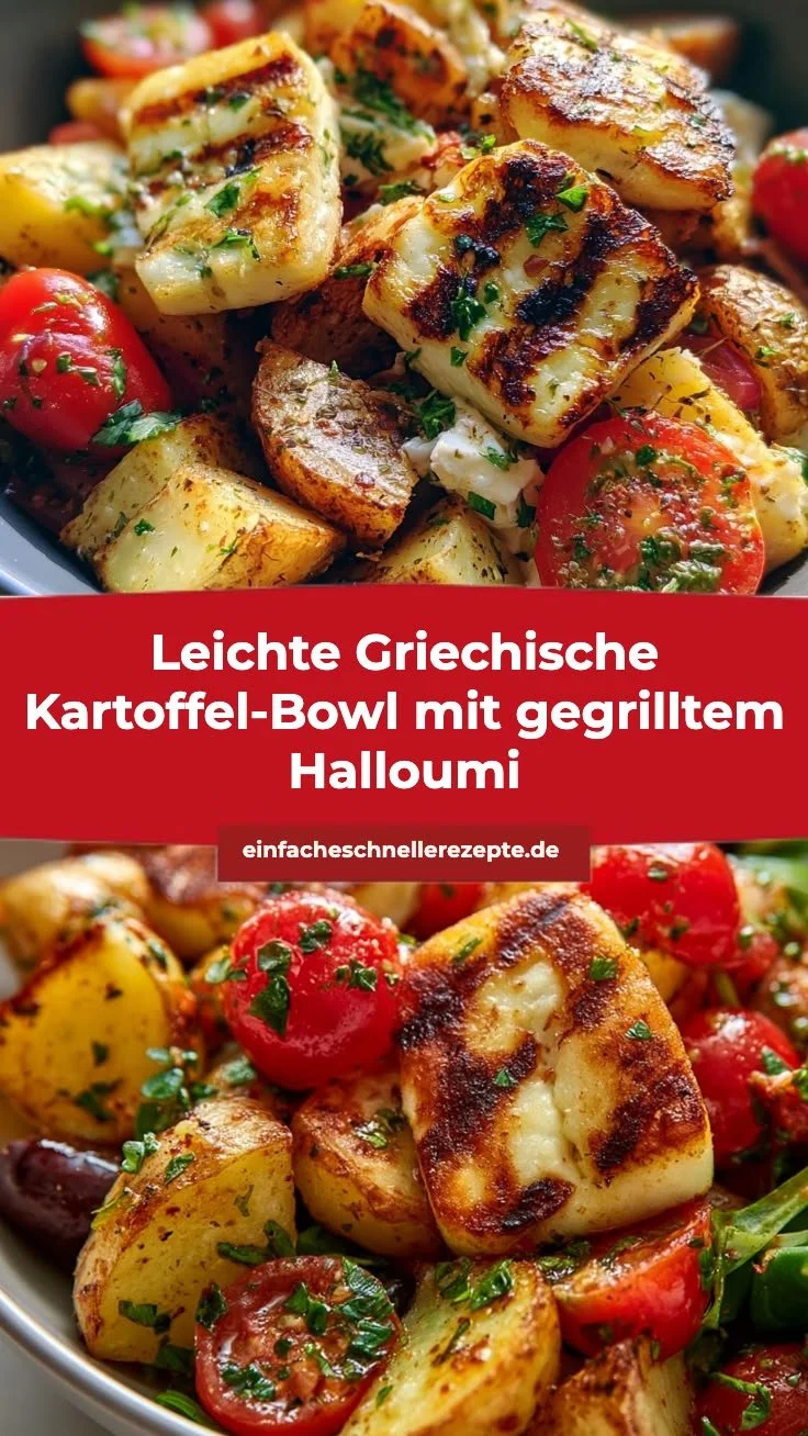Leichte griechische Kartoffel-Bowl mit gegrilltem Halloumi und frischen Zutaten.