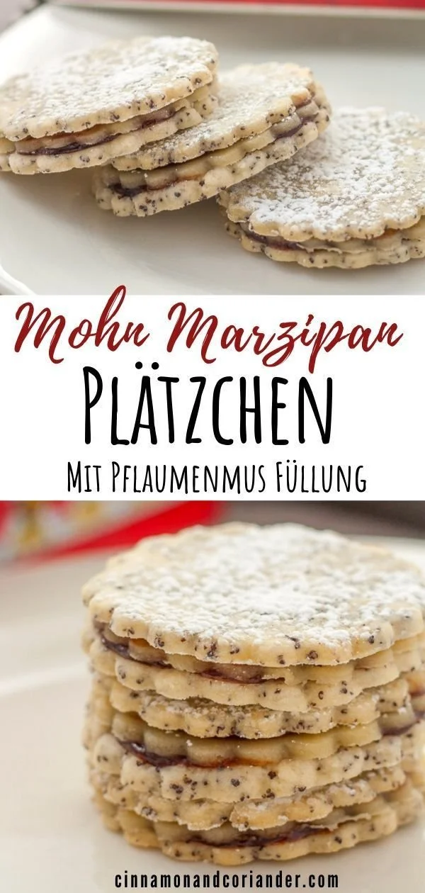 Mohn Marzipan Plätzchen mit Pflaumenmus auf einem Teller