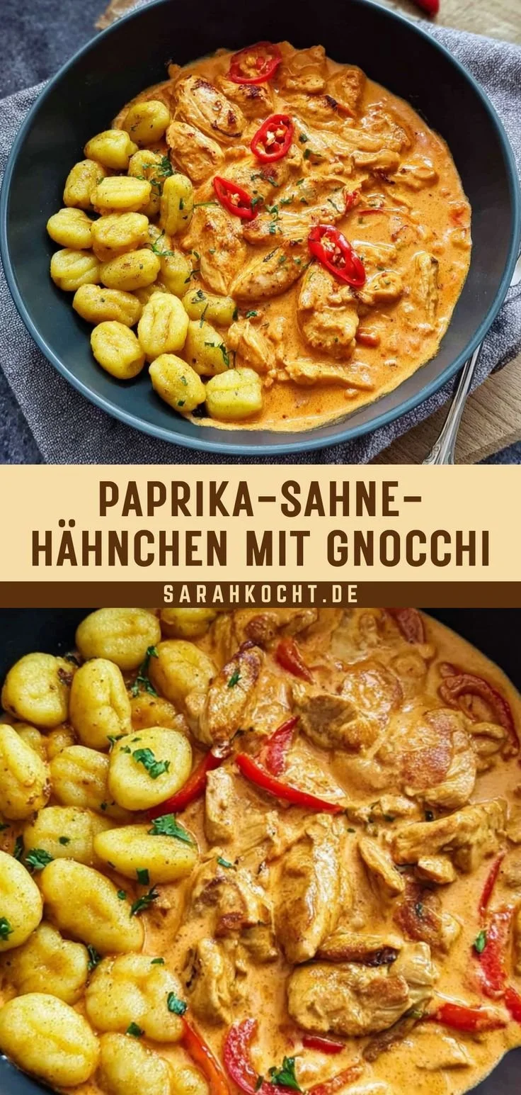 Paprika-Sahne-Hähnchen mit Gnocchi auf einem Teller
