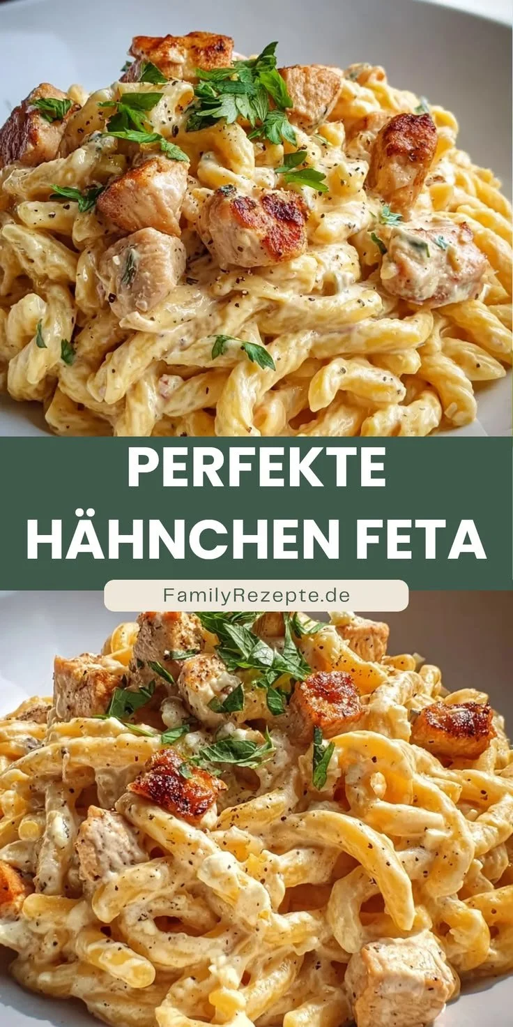 Hähnchen Feta Pasta mit einer cremigen Soße auf einem Teller angerichtet