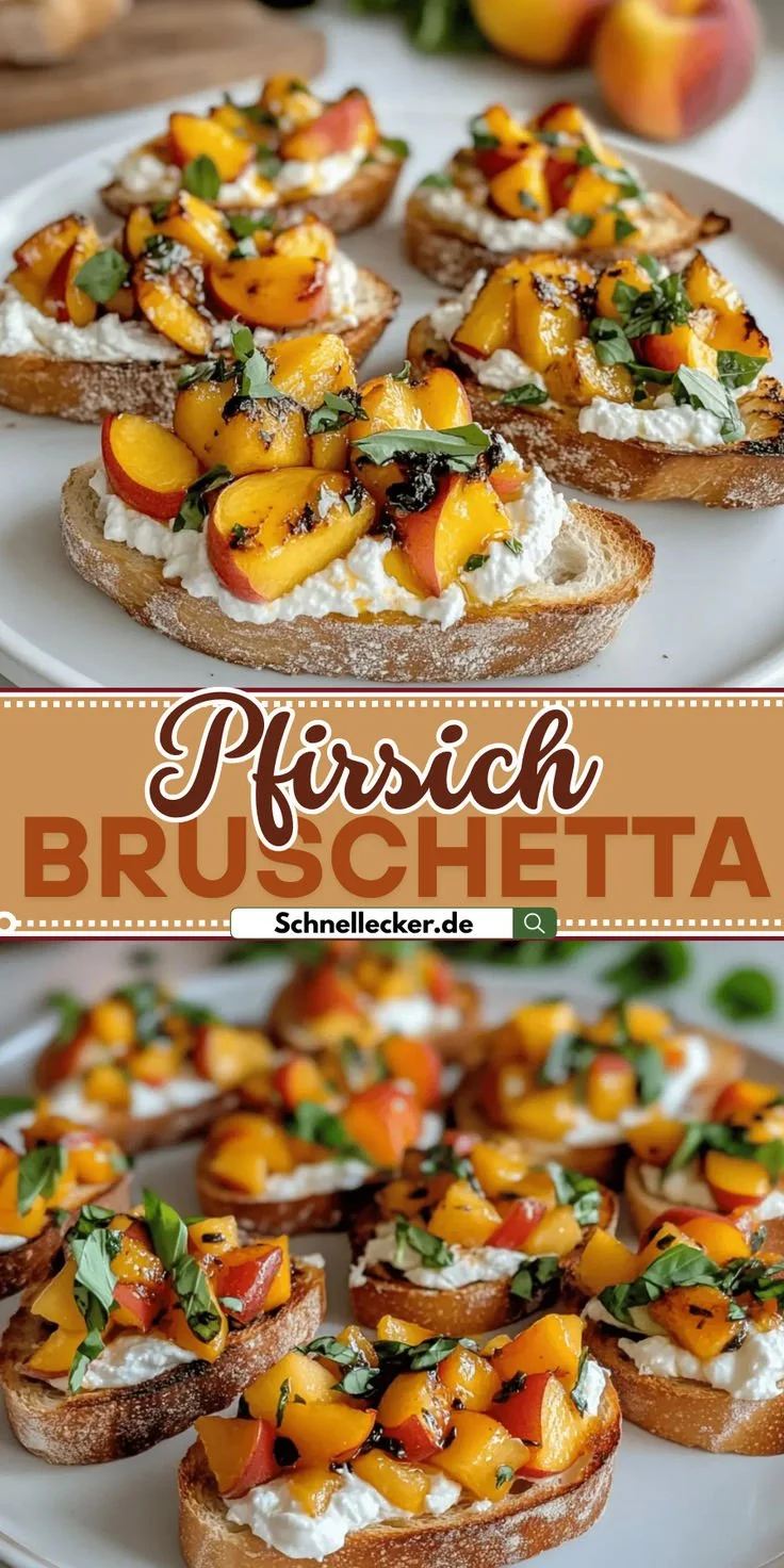 Pfirsich Bruschetta mit geschlagenem Ricotta auf knusprigem Brot