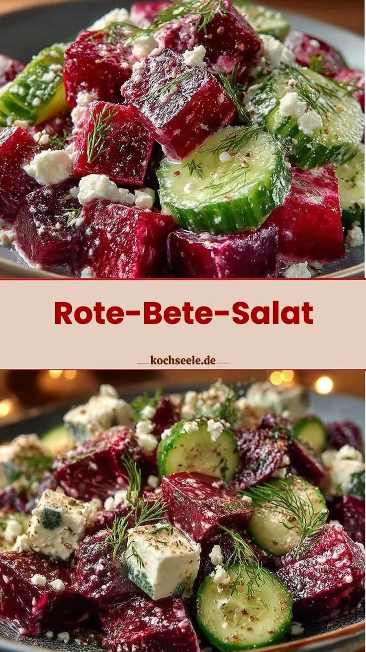 Rote-Bete-Salat mit Feta, Gurken und frischen Kräutern auf einem Teller