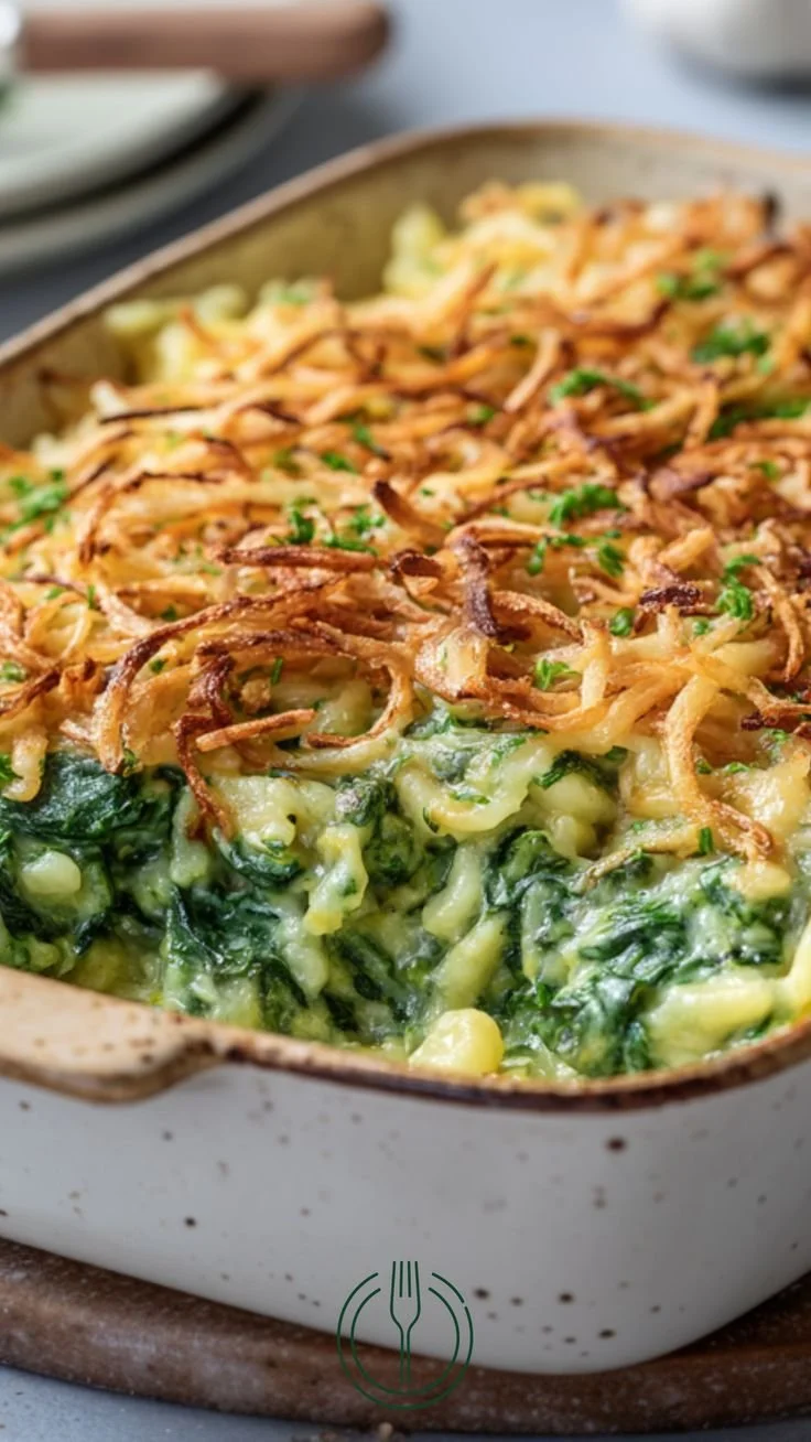 Spinat-Spätzleauflauf mit Röstzwiebeln frisch aus dem Ofen