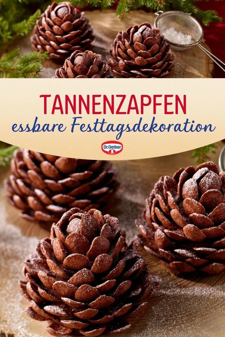 Essbare Tischdeko zu Weihnachten mit Tannenzapfen und festlichen Elementen.