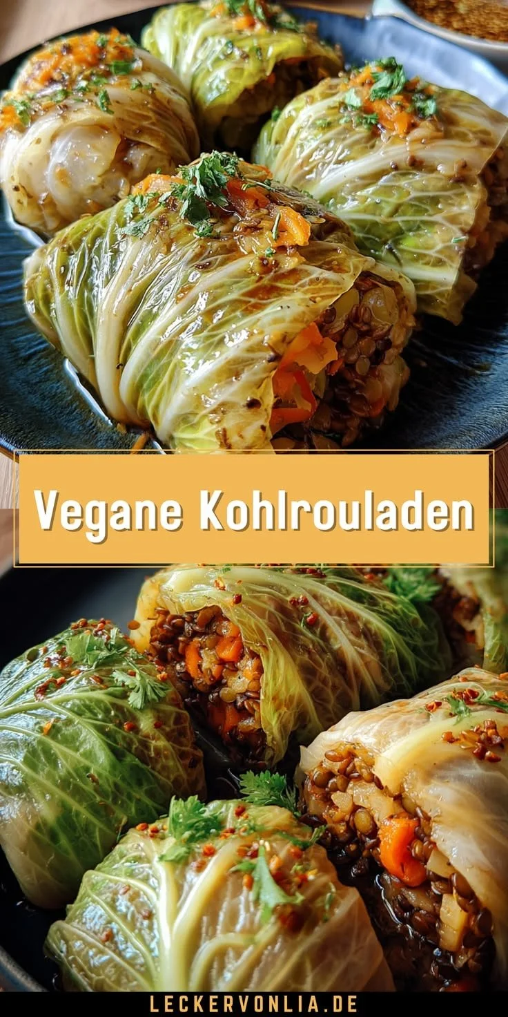 Vegane Kohlrouladen gefüllt mit veganen Pepperoni auf einem Teller.