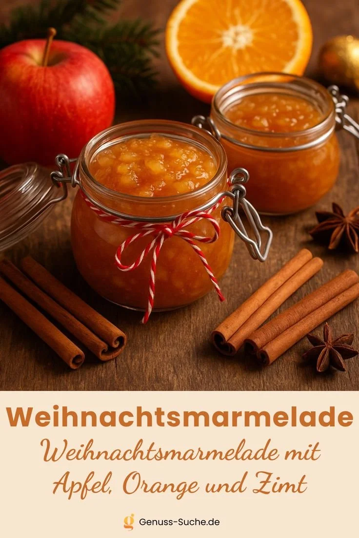 Weihnachtsmarmelade mit Apfel, Orange und Zimt in einem Glas