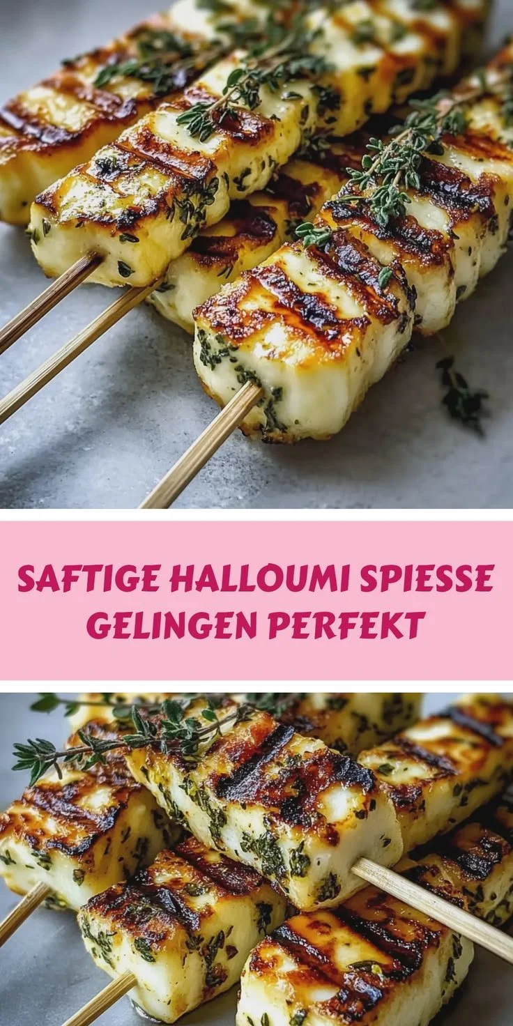 Saftige Halloumi Spieße mit Zitrone und Thymian auf einem Grill