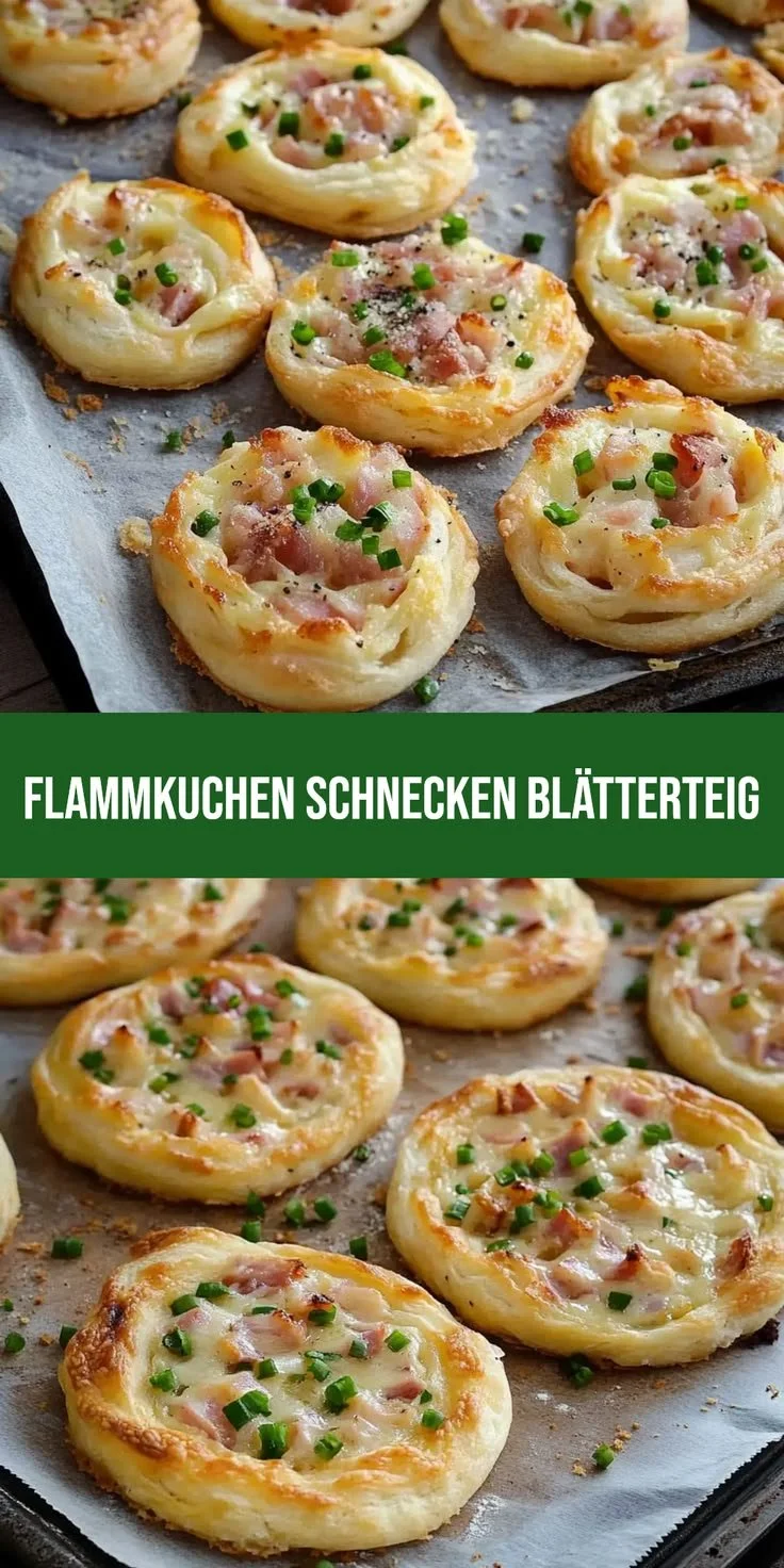 Flammkuchen Schnecken aus Blätterteig, frisch gebacken und köstlich