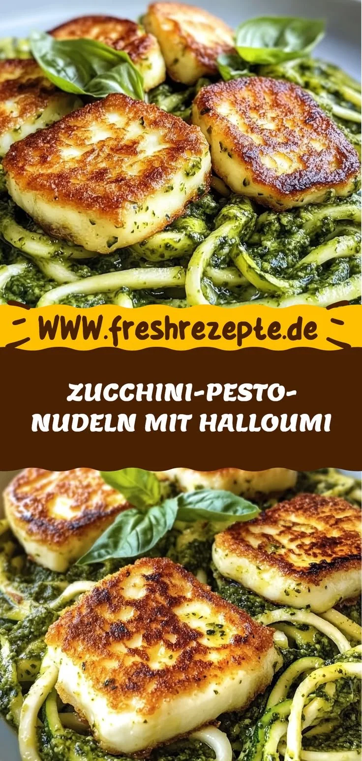 Zucchini-Pesto-Nudeln mit goldbraun gebratenem Halloumi auf einem Teller